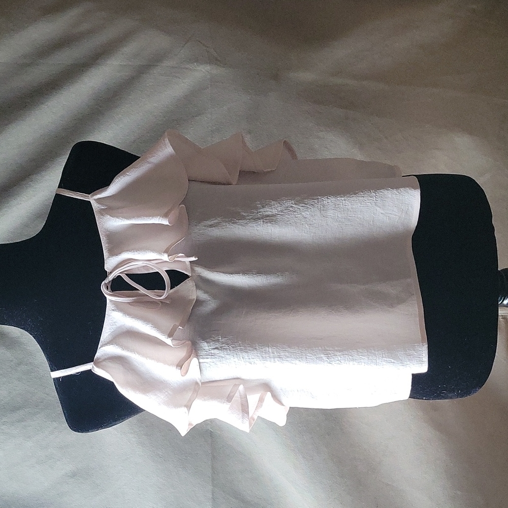 Plush pink nude sleeveless blouse with peak a boo string tie bow